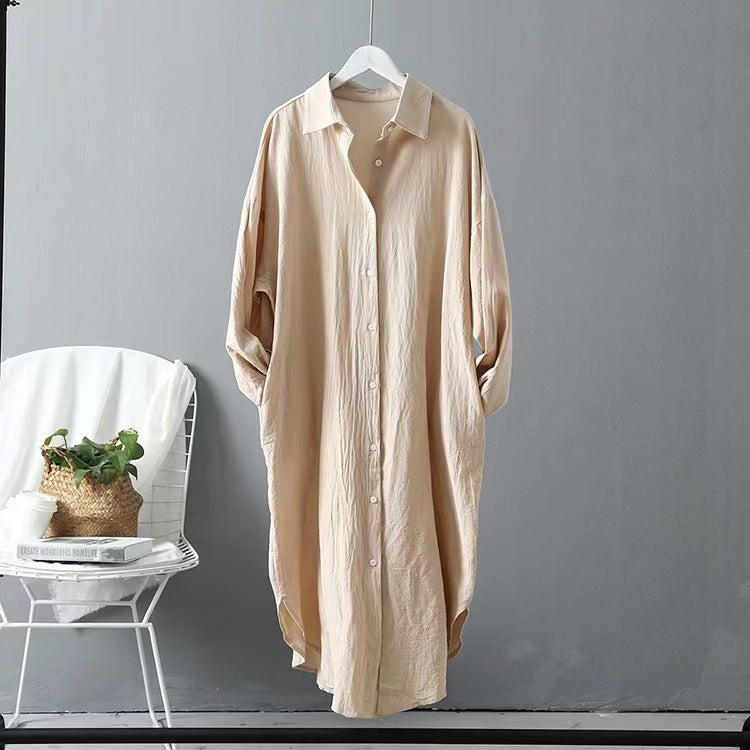 Simple long knee-length shirt women cotton and linen loose thin thin section sunscreen air conditioning shirt  Beige White black Pink Khaki Yellow Dark blue Light purple Army green Lotus root Milk white