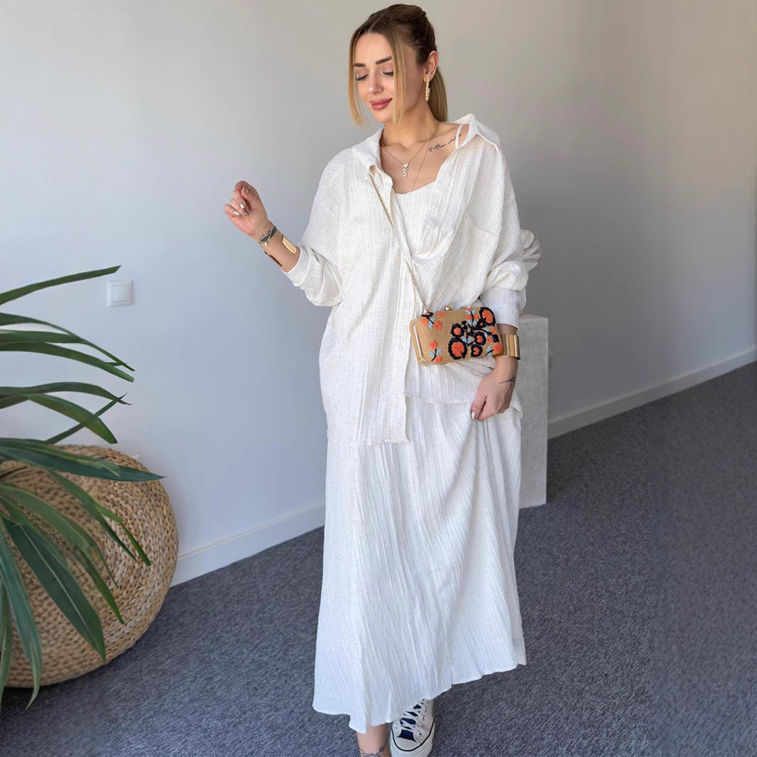 Fashion casual temperament wrinkled loose long-sleeved shirt plus long suspenders two-piece set