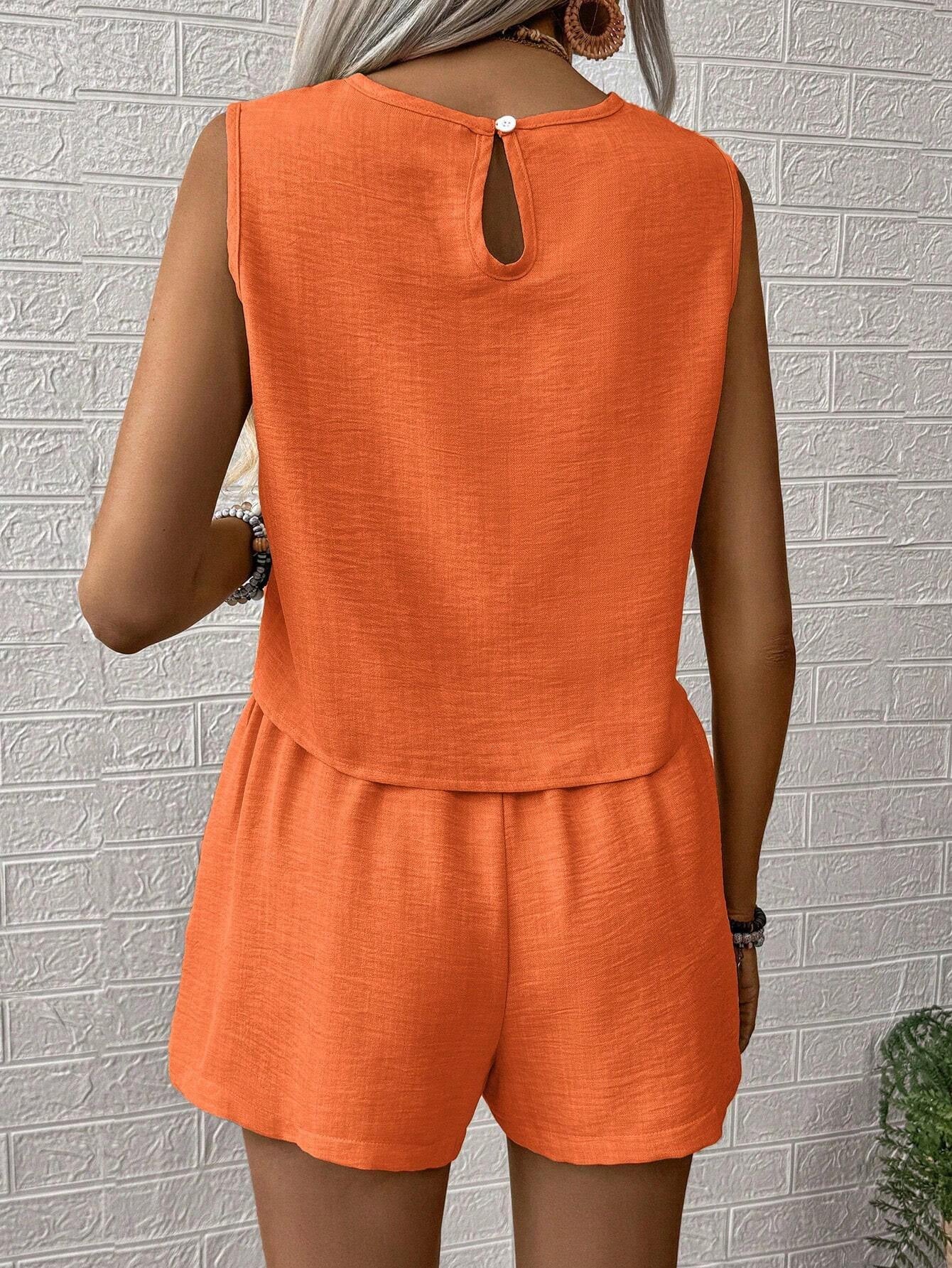 Solid color imitation cotton linen sleeveless undershirt shorts two-piece suit women