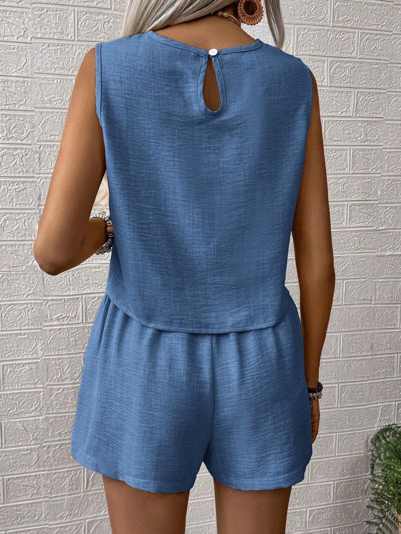 Solid color imitation cotton linen sleeveless undershirt shorts two-piece suit women