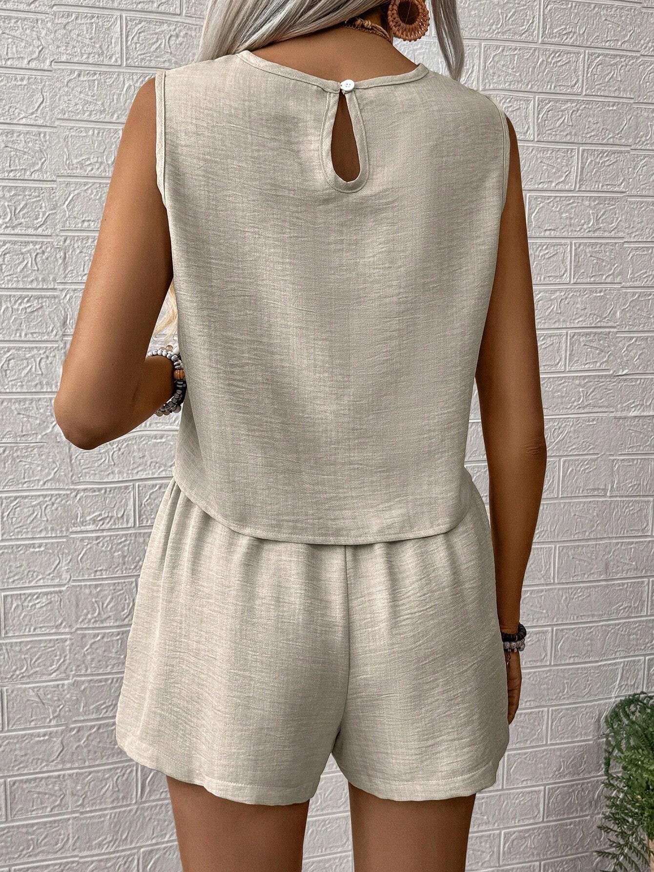 Solid color imitation cotton linen sleeveless undershirt shorts two-piece suit women