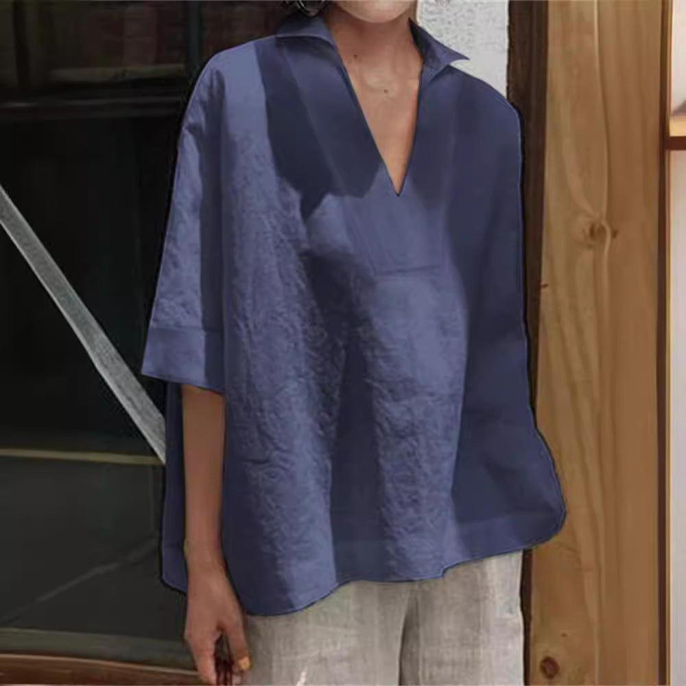 V-neck cotton linen versatile solid color large size loose medium-sleeved women's shirt