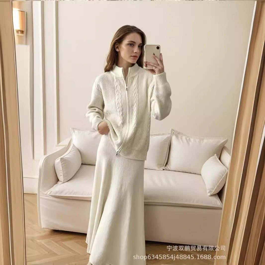 Hot sale loose knit suit women 2024 autumn and winter new zip cardigan jumper + fishtail skirt