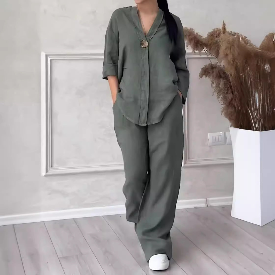 2 Piece Plus Size Cotton Linen Shirt Set High Waisted Loose Trousers