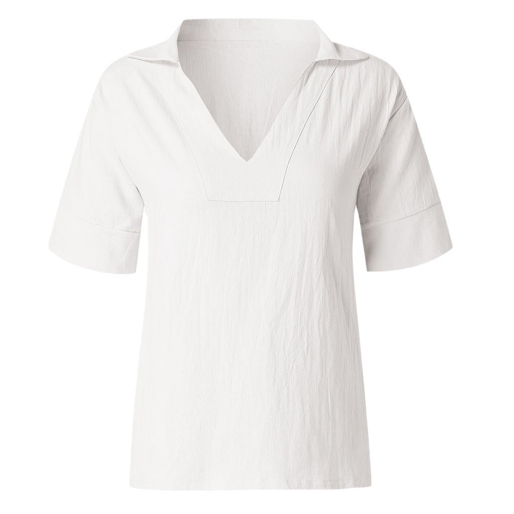 V-neck cotton linen versatile solid color large size loose medium-sleeved women's shirt
