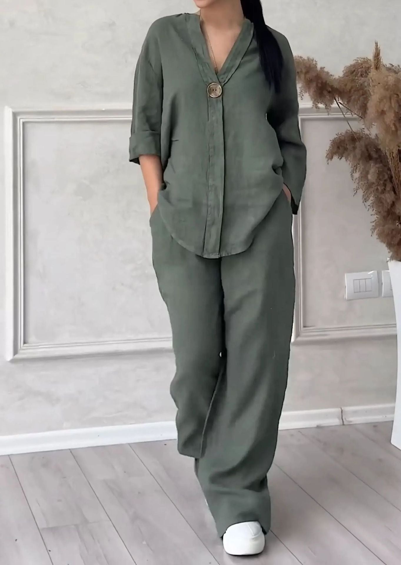 2 Piece Plus Size Cotton Linen Shirt Set High Waisted Loose Trousers