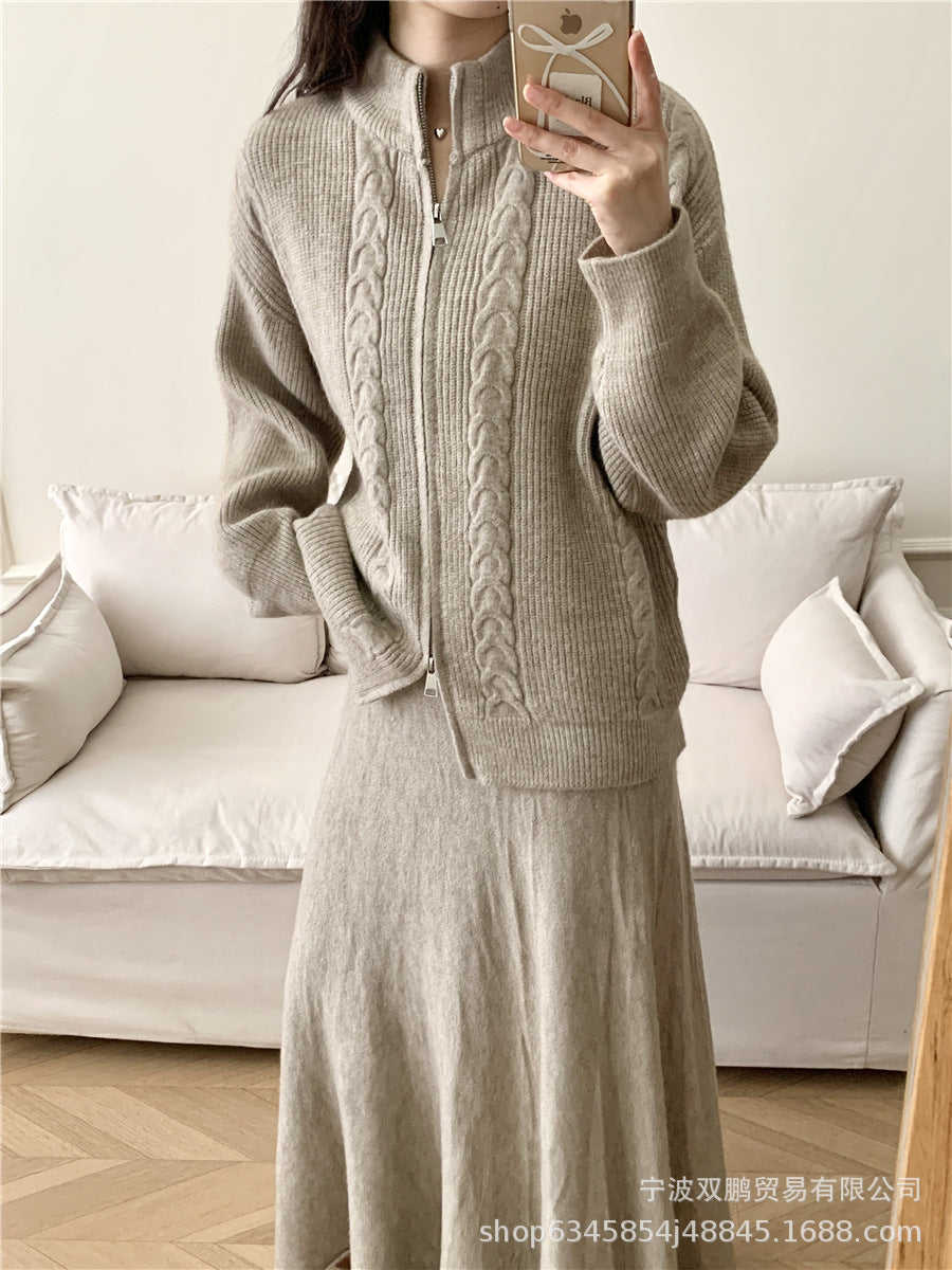 Hot sale loose knit suit women 2024 autumn and winter new zip cardigan jumper + fishtail skirt