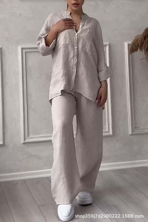 Casual Cotton Linen Solid Colour Shirt Drawstring Wide Leg Pants Set