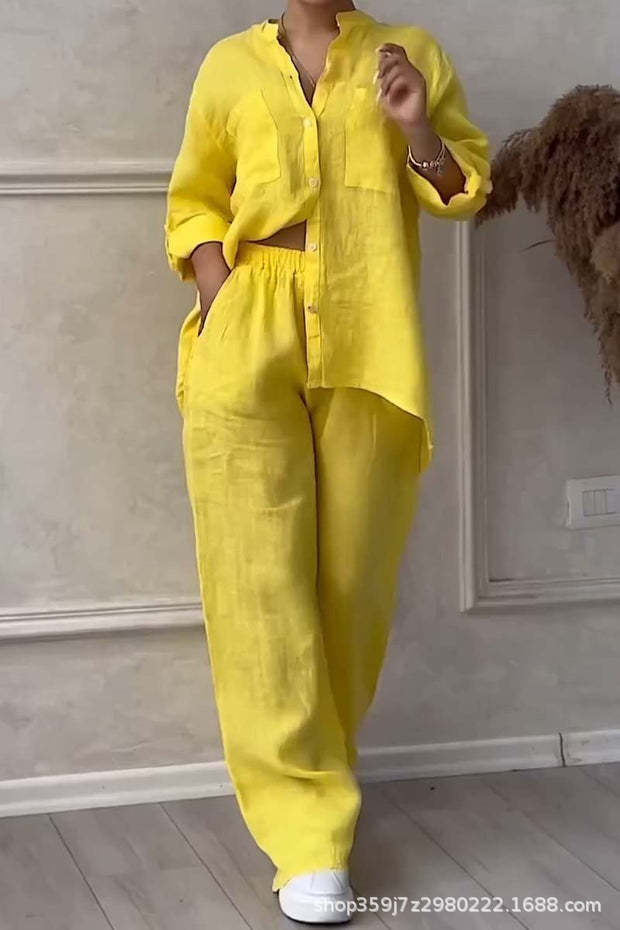 Casual Cotton Linen Solid Colour Shirt Drawstring Wide Leg Pants Set