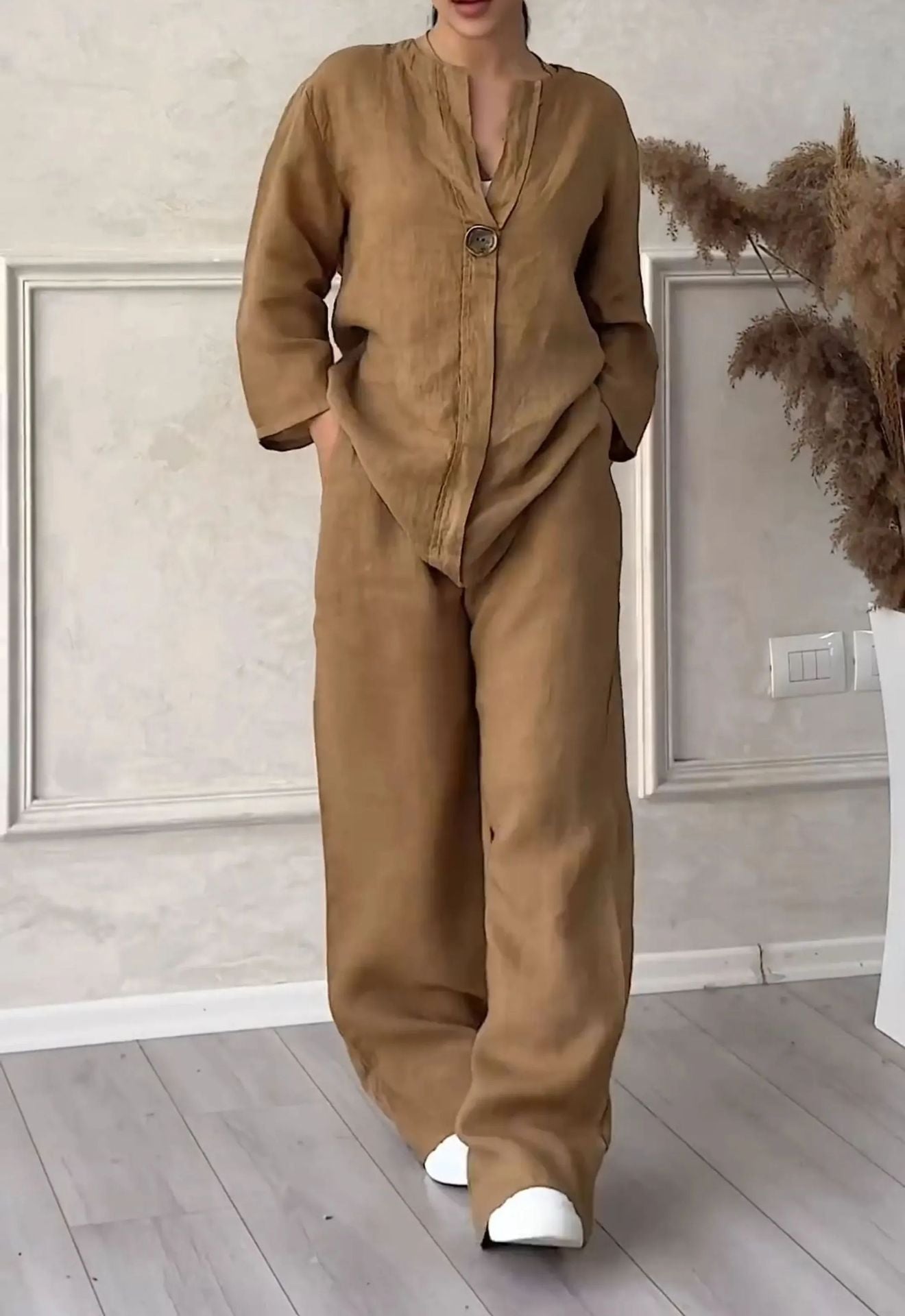 2 Piece Plus Size Cotton Linen Shirt Set High Waisted Loose Trousers