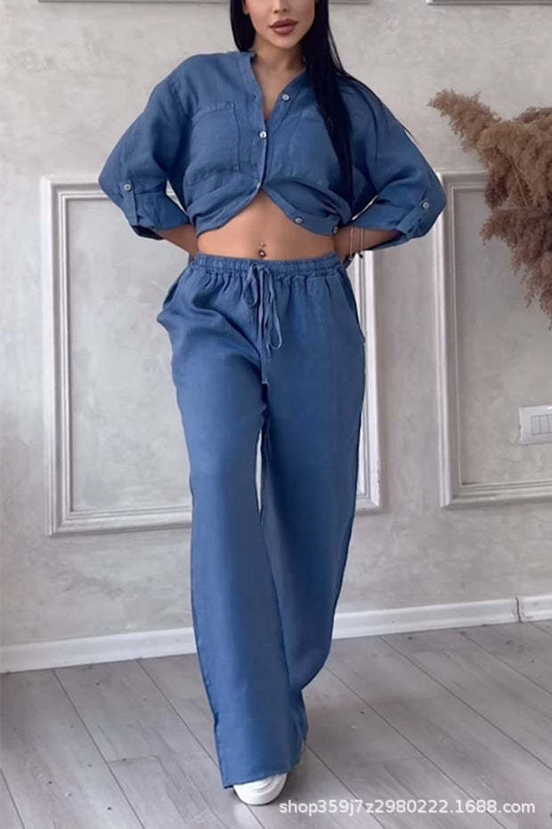 Casual Cotton Linen Solid Colour Shirt Drawstring Wide Leg Pants Set