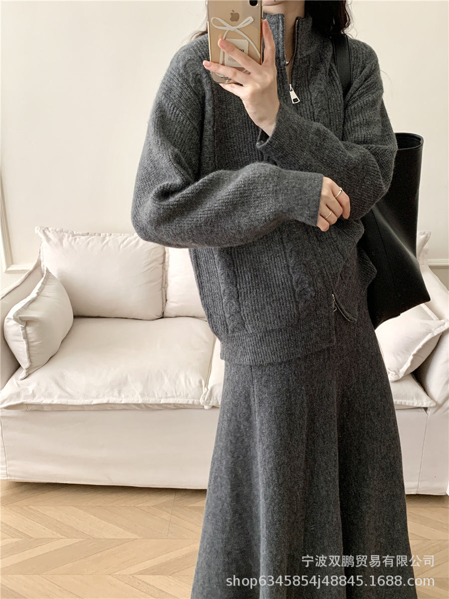 Hot sale loose knit suit women 2024 autumn and winter new zip cardigan jumper + fishtail skirt