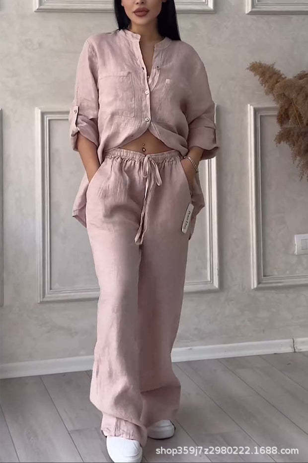 Casual Cotton Linen Solid Colour Shirt Drawstring Wide Leg Pants Set