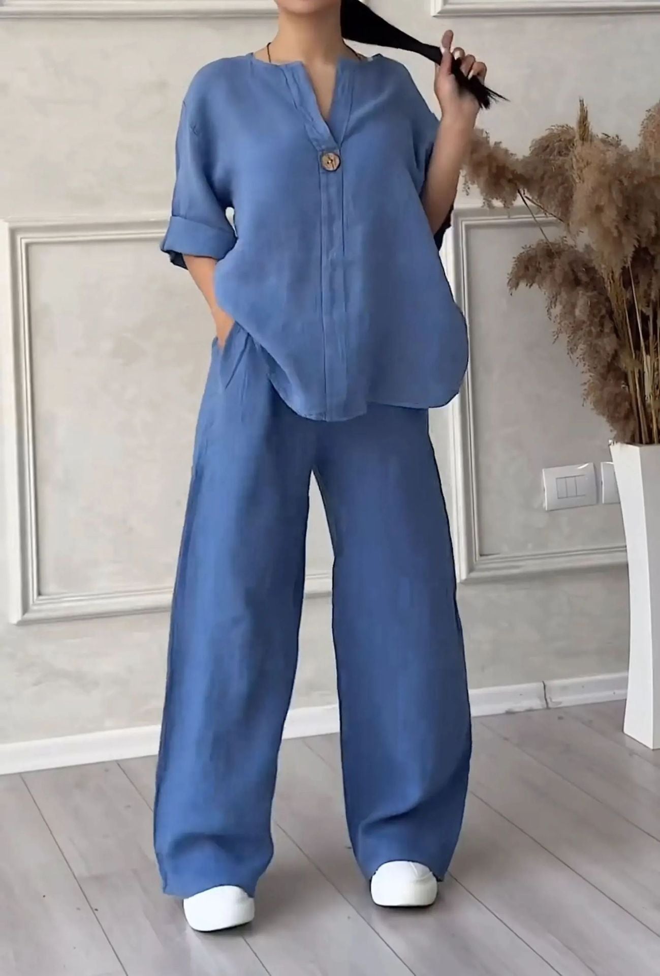 2 Piece Plus Size Cotton Linen Shirt Set High Waisted Loose Trousers