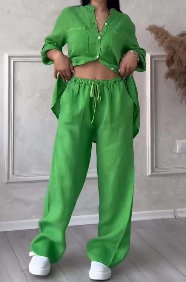 Casual Cotton Linen Solid Colour Shirt Drawstring Wide Leg Pants Set