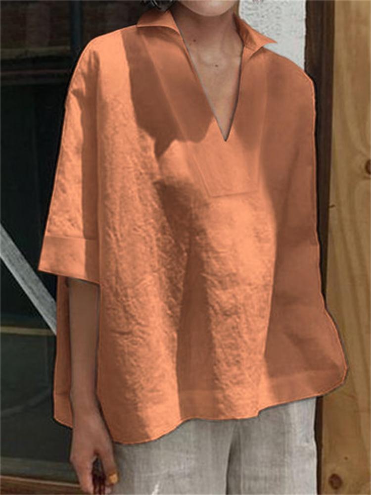 V-neck cotton linen versatile solid color large size loose medium-sleeved women's shirt