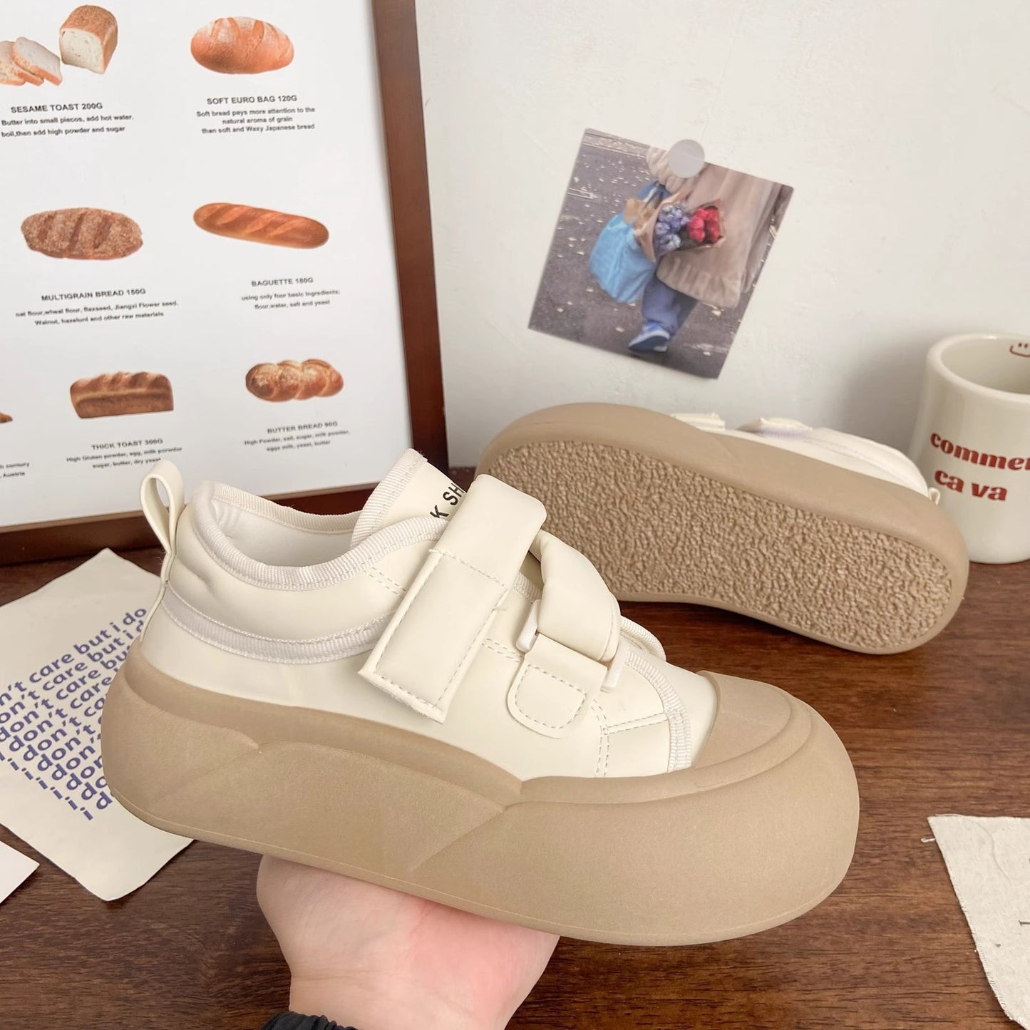 Cream velcro white shoes women