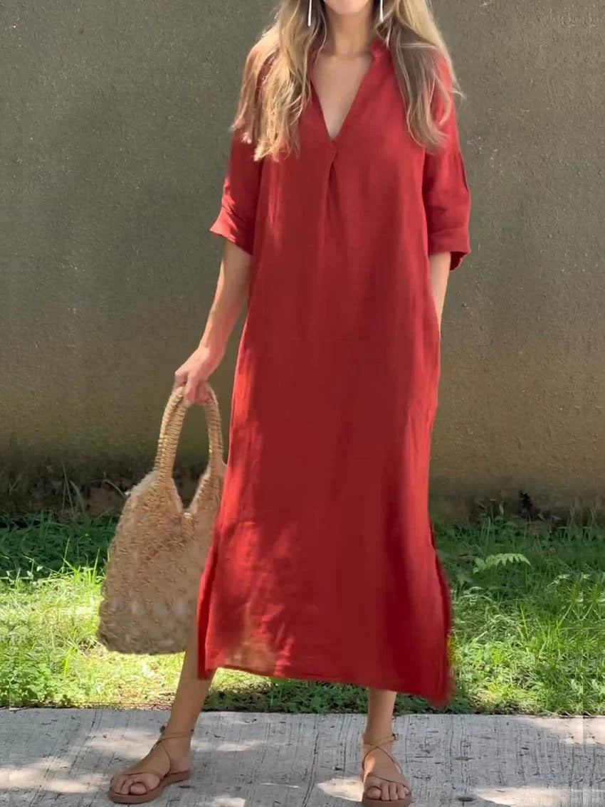 Summer Side Slit V-Neck 7 Sleeve Chest Pressure Pleat Dress