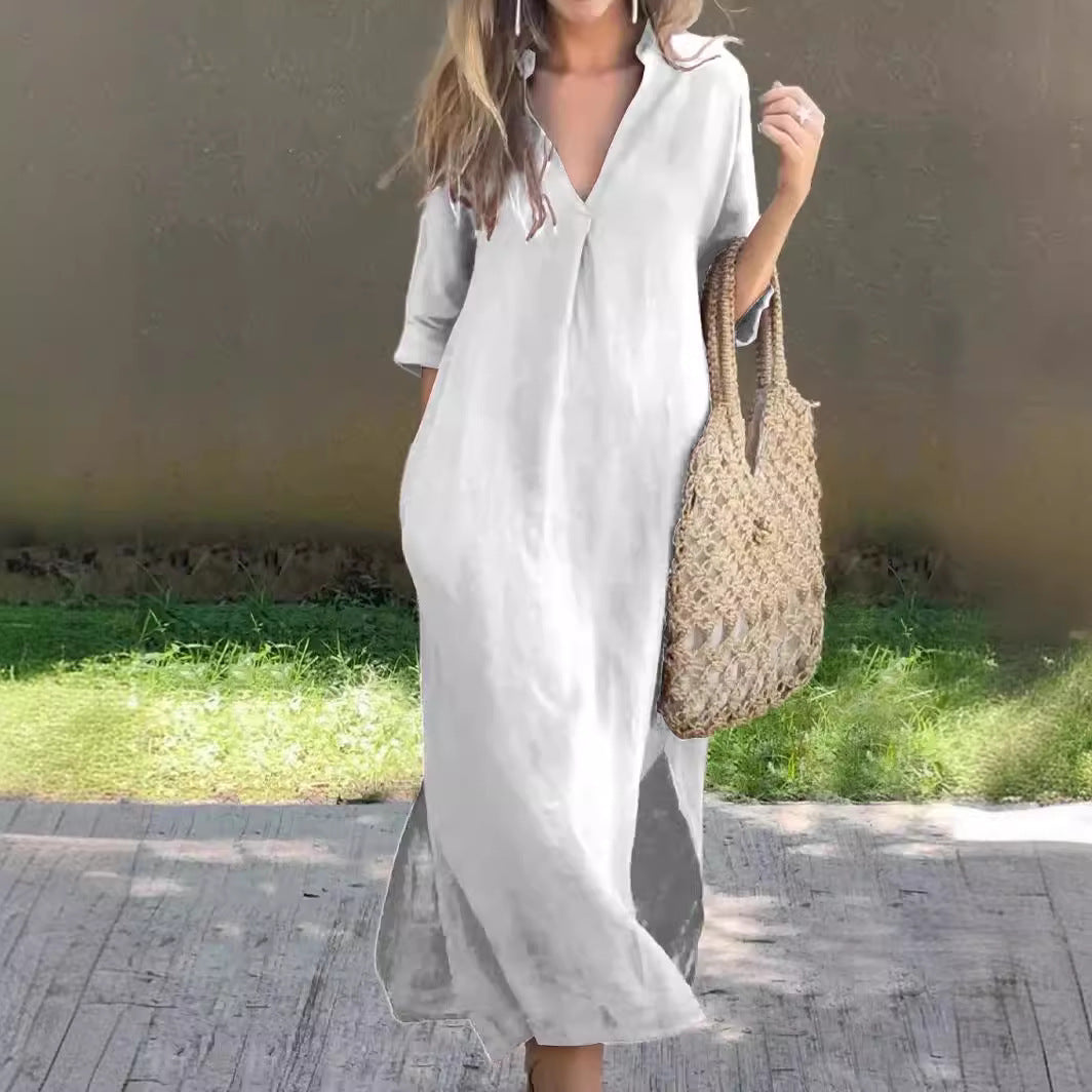 Summer Side Slit V-Neck 7 Sleeve Chest Pressure Pleat Dress