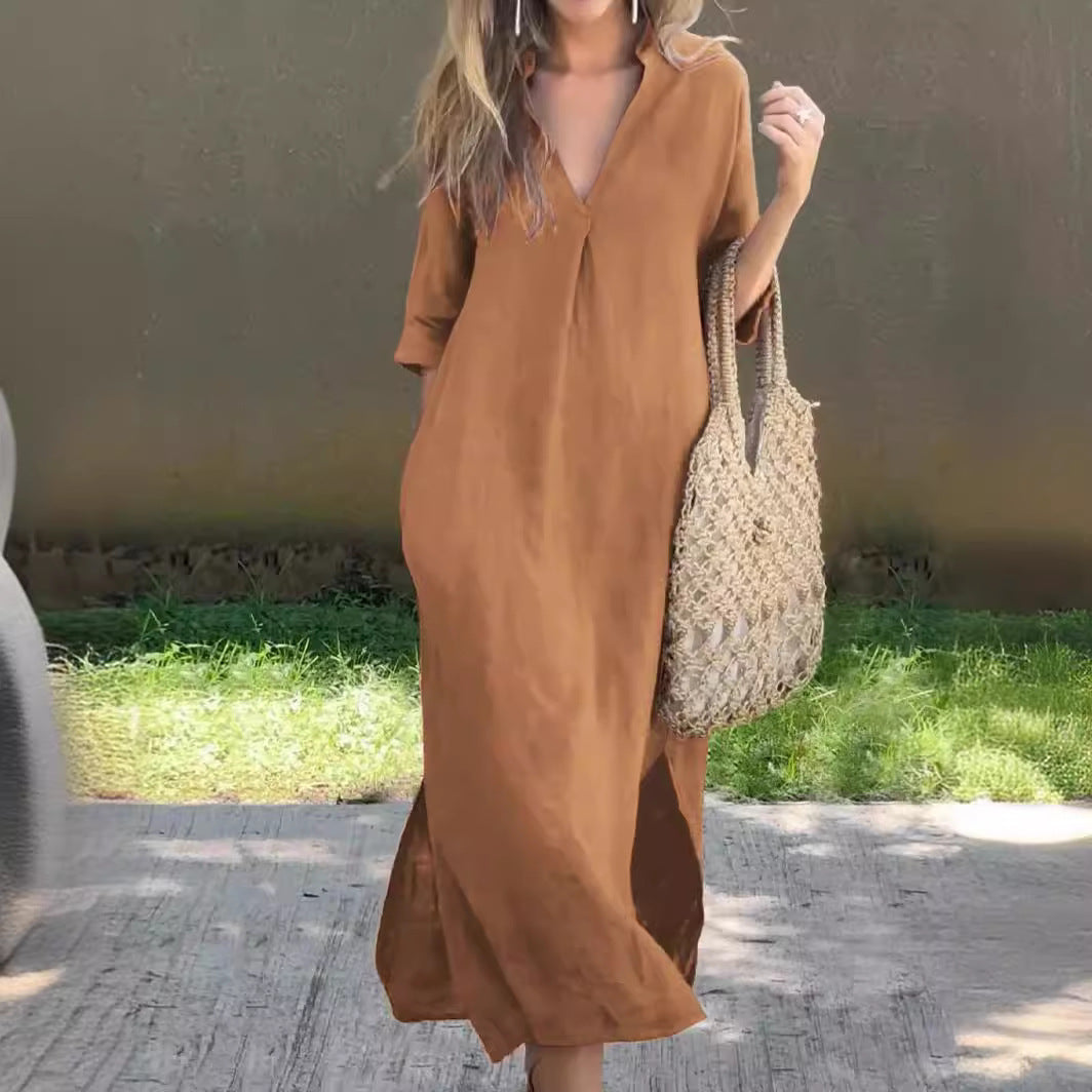 Summer Side Slit V-Neck 7 Sleeve Chest Pressure Pleat Dress