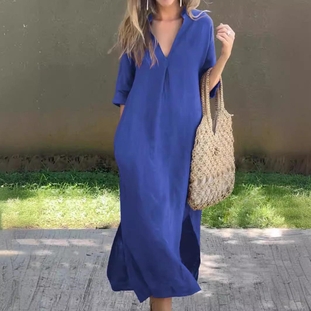 Summer Side Slit V-Neck 7 Sleeve Chest Pressure Pleat Dress
