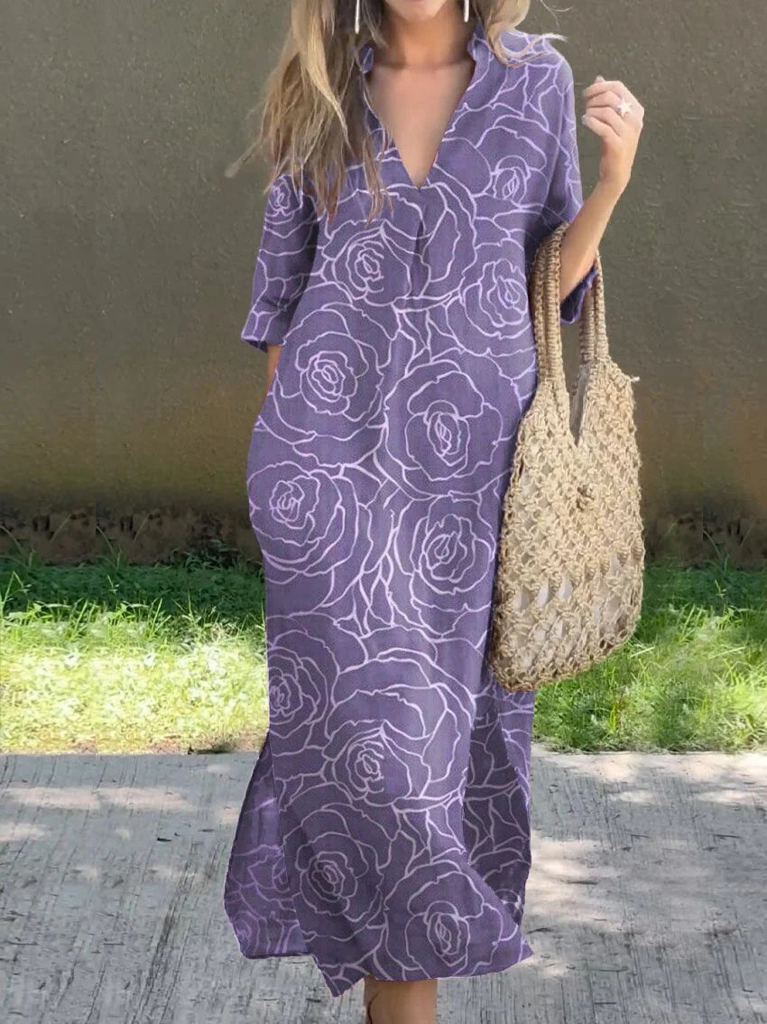 Casual Summer Loose Skirt Slit V Neck Printed Faux Hemp Dresses