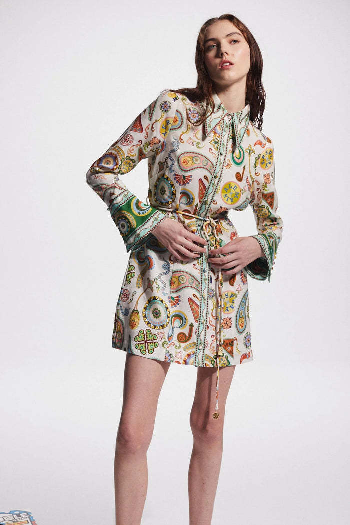 Lapel Tie Waist Positioning Printed Linen Resort Long Sleeve Dress