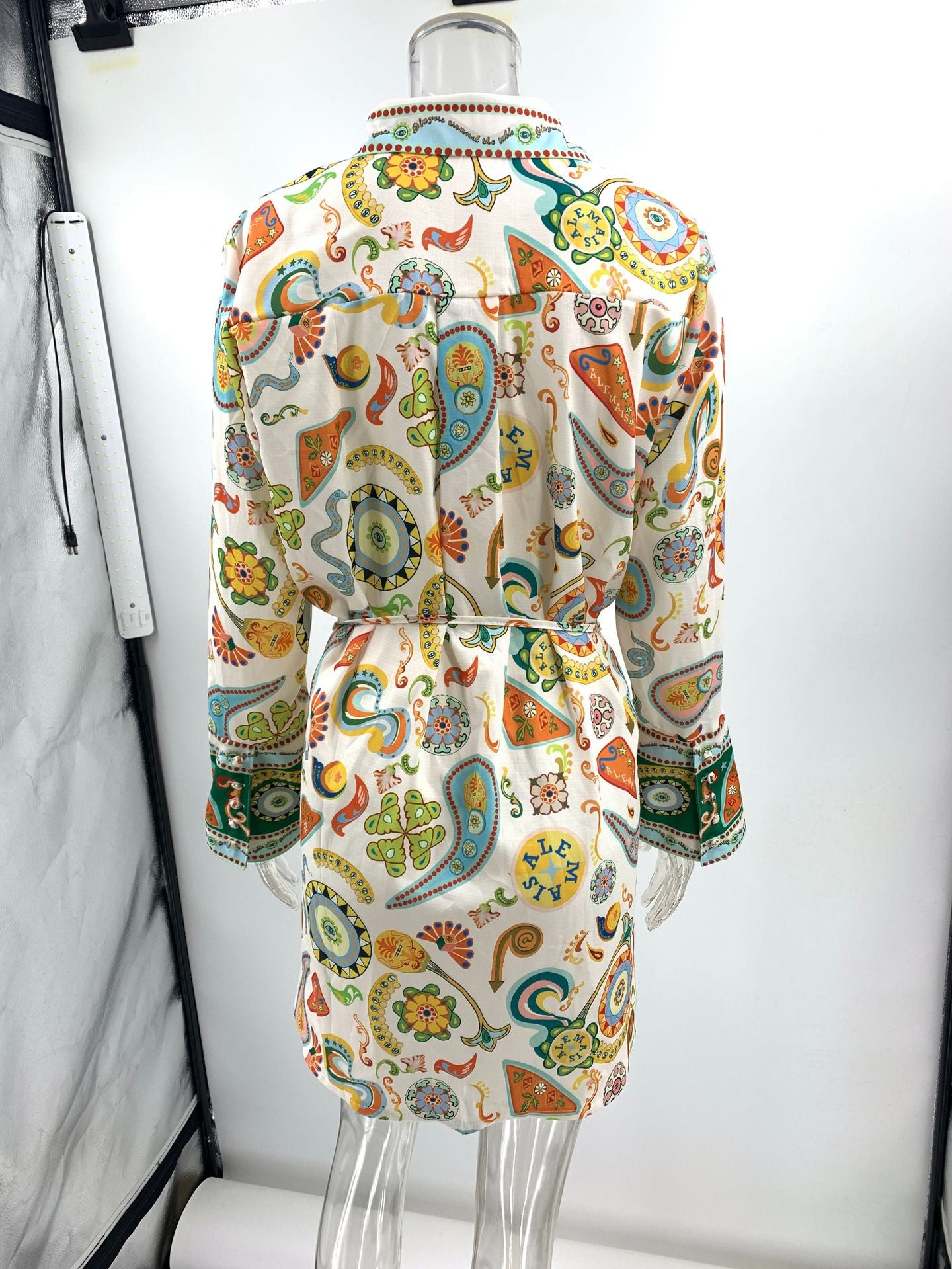 Lapel Tie Waist Positioning Printed Linen Resort Long Sleeve Dress
