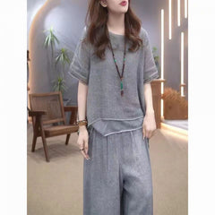 Cotton linen suit plus size women's irregular hem top wide leg trousers two-piece set