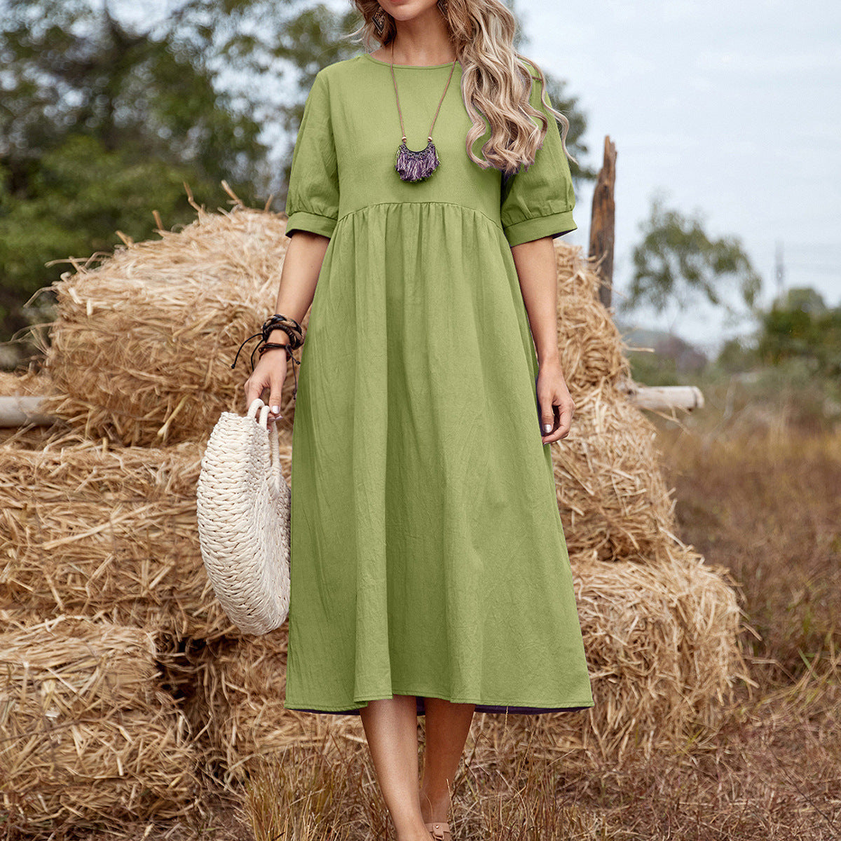 Solid Color Wide Elastic Waist Mid-Length Cotton and Linen Round Neck Dress Skinny