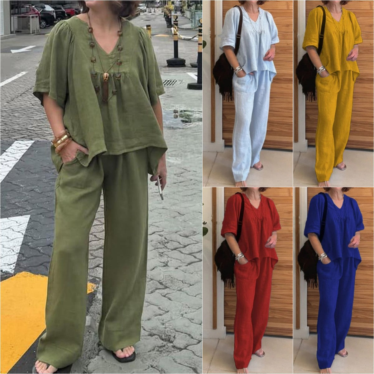2025 summer new cotton and linen solid color V-neck casual short-sleeved top and pants two-piece suit
