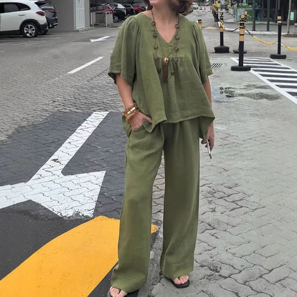 2025 summer new cotton and linen solid color V-neck casual short-sleeved top and pants two-piece suit