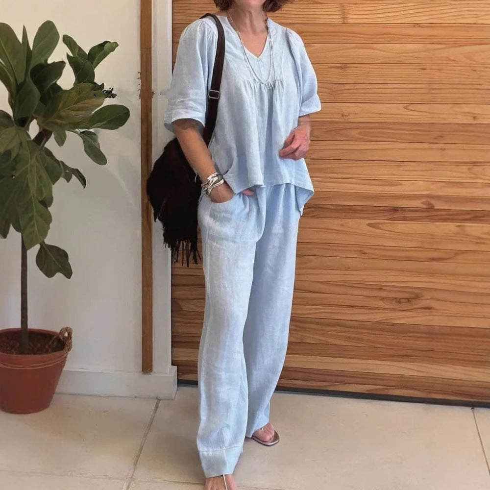 2025 summer new cotton and linen solid color V-neck casual short-sleeved top and pants two-piece suit