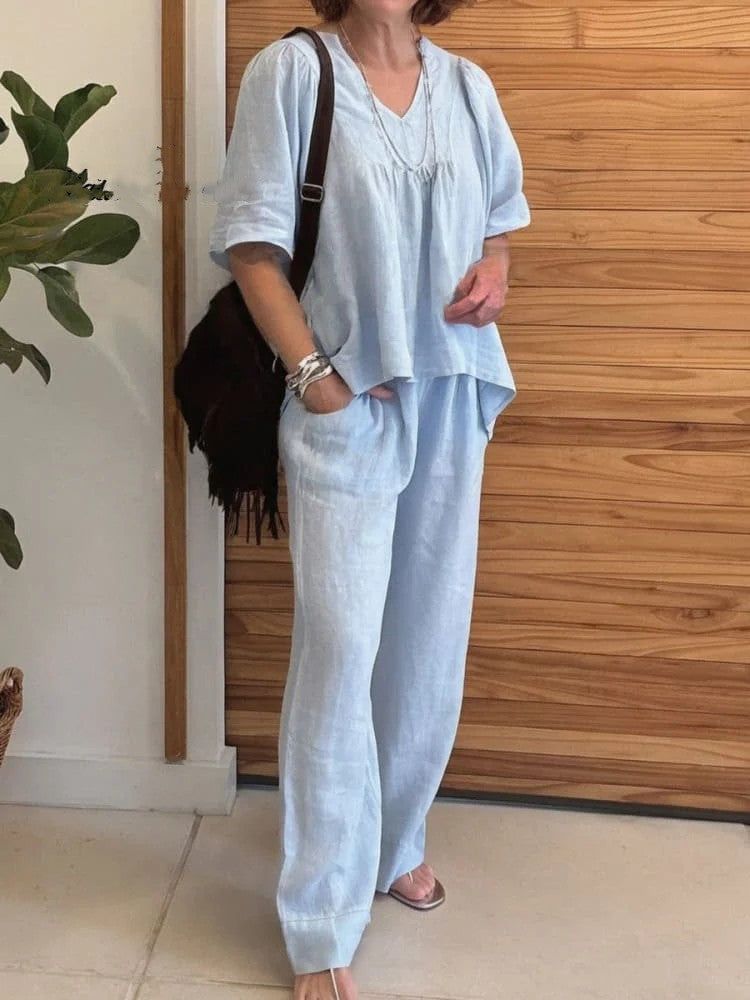 2025 summer new cotton and linen solid color V-neck casual short-sleeved top and pants two-piece suit