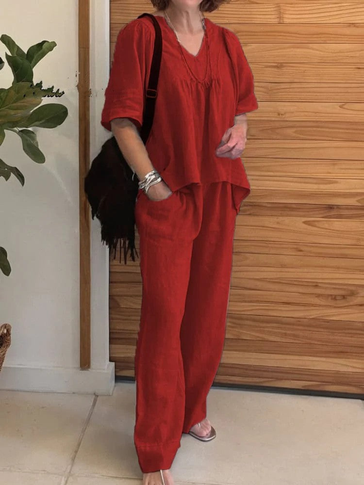 2025 summer new cotton and linen solid color V-neck casual short-sleeved top and pants two-piece suit