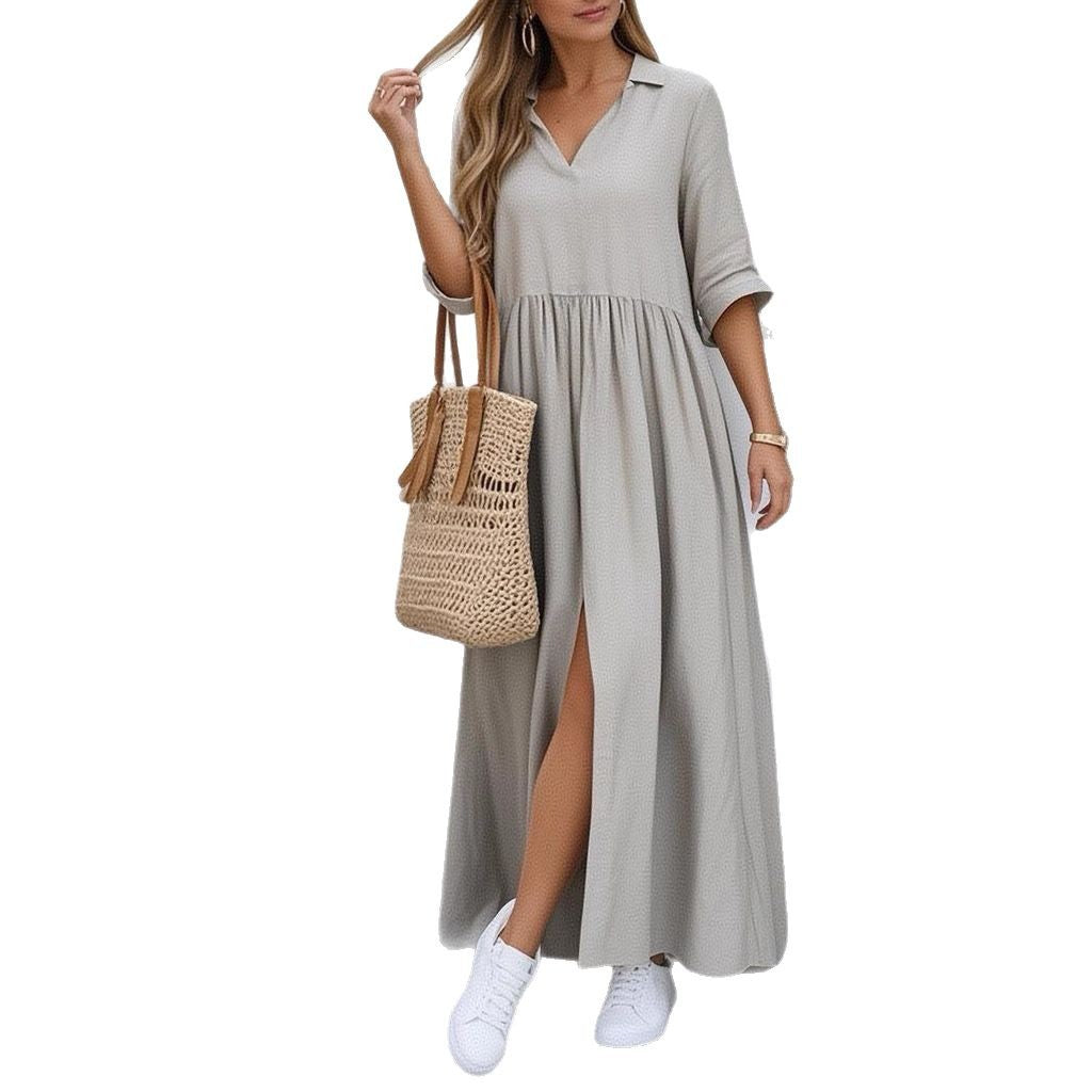 2025 Fashion V-Neck Loose Split Peplum Cotton Linen Solid Long Dress
