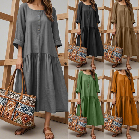 2025 Solid Color Loose Dress Cotton Linen Square Neck Vintage Button A-Line Resort Dress