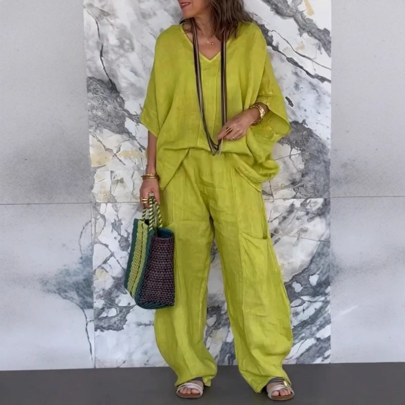 Women's Casual V-Neck Loose Pocket Mid Sleeve Cotton Linen Suit