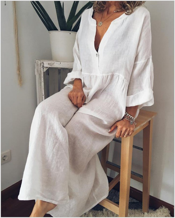 Middle East Linen Solid Color Long Sleeve V-Neck Buttoned Big Hem Dress Women