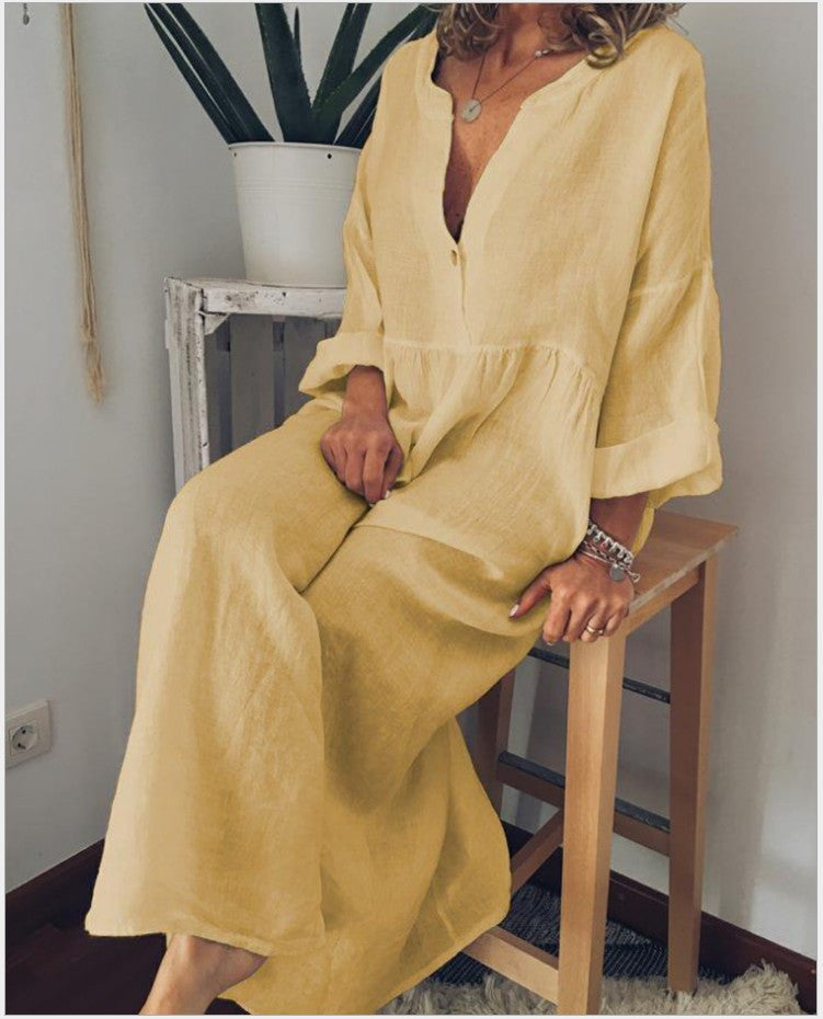 Middle East Linen Solid Color Long Sleeve V-Neck Buttoned Big Hem Dress Women