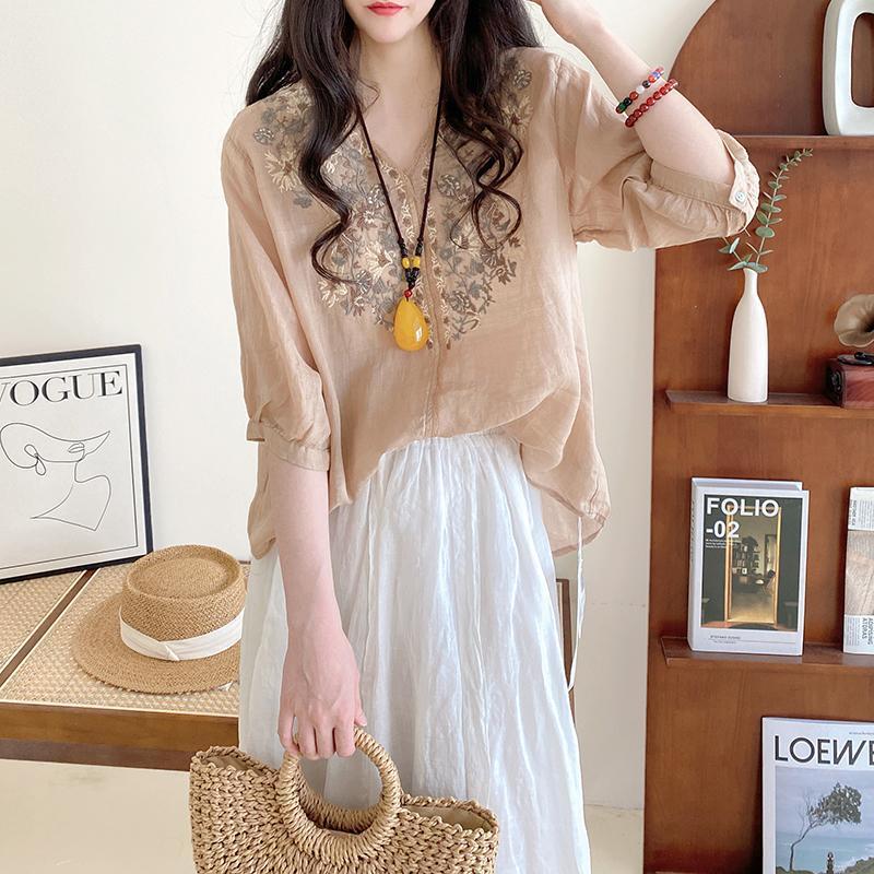 Tencel Cotton Shirt Women Literary Loose v-Neck Pullover Embroidery Medium Sleeve Tops