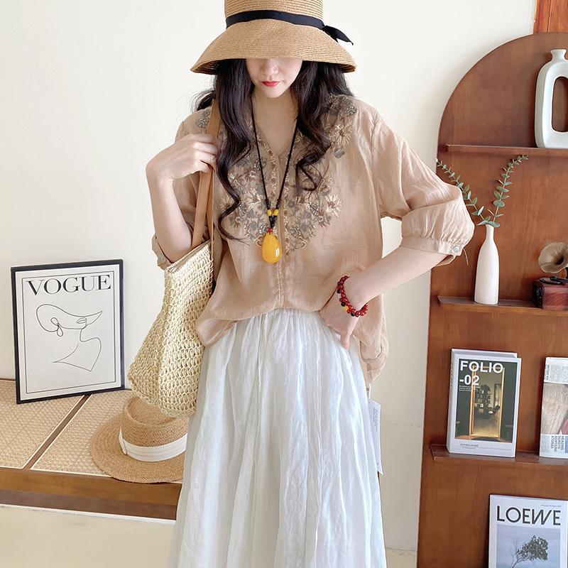 Tencel Cotton Shirt Women Literary Loose v-Neck Pullover Embroidery Medium Sleeve Tops