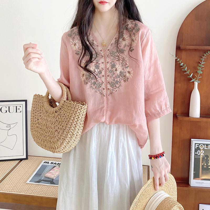 Tencel Cotton Shirt Women Literary Loose v-Neck Pullover Embroidery Medium Sleeve Tops