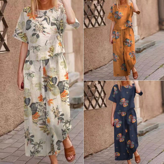 2025 New Women's Printed Cotton Linen Job Short Sleeve Casual Nine Minute Pants Set