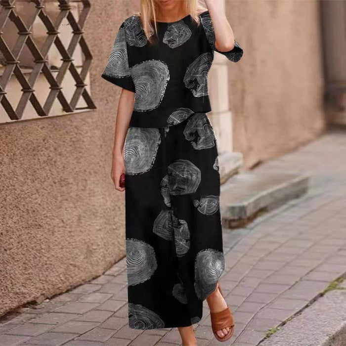 2025 New Women's Printed Cotton Linen Job Short Sleeve Casual Nine Minute Pants Set