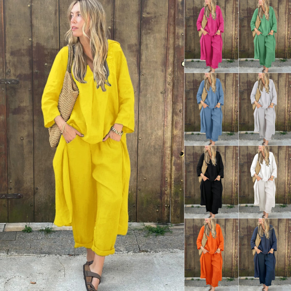 2025 Large Size Cotton Linen Shirt Set High Waisted Loose Pants