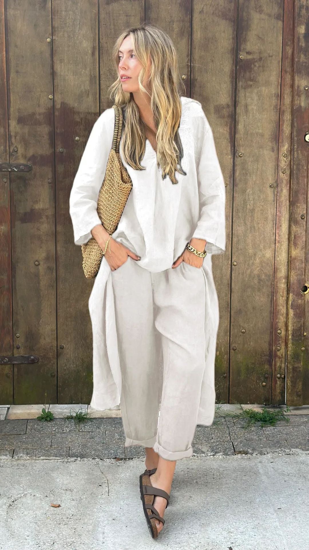 2025 Large Size Cotton Linen Shirt Set High Waisted Loose Pants