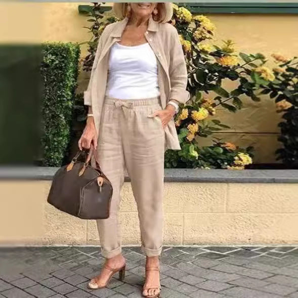 (Any two items 25% off ) Casual cotton-linen jacket and loose-fitting trousers set