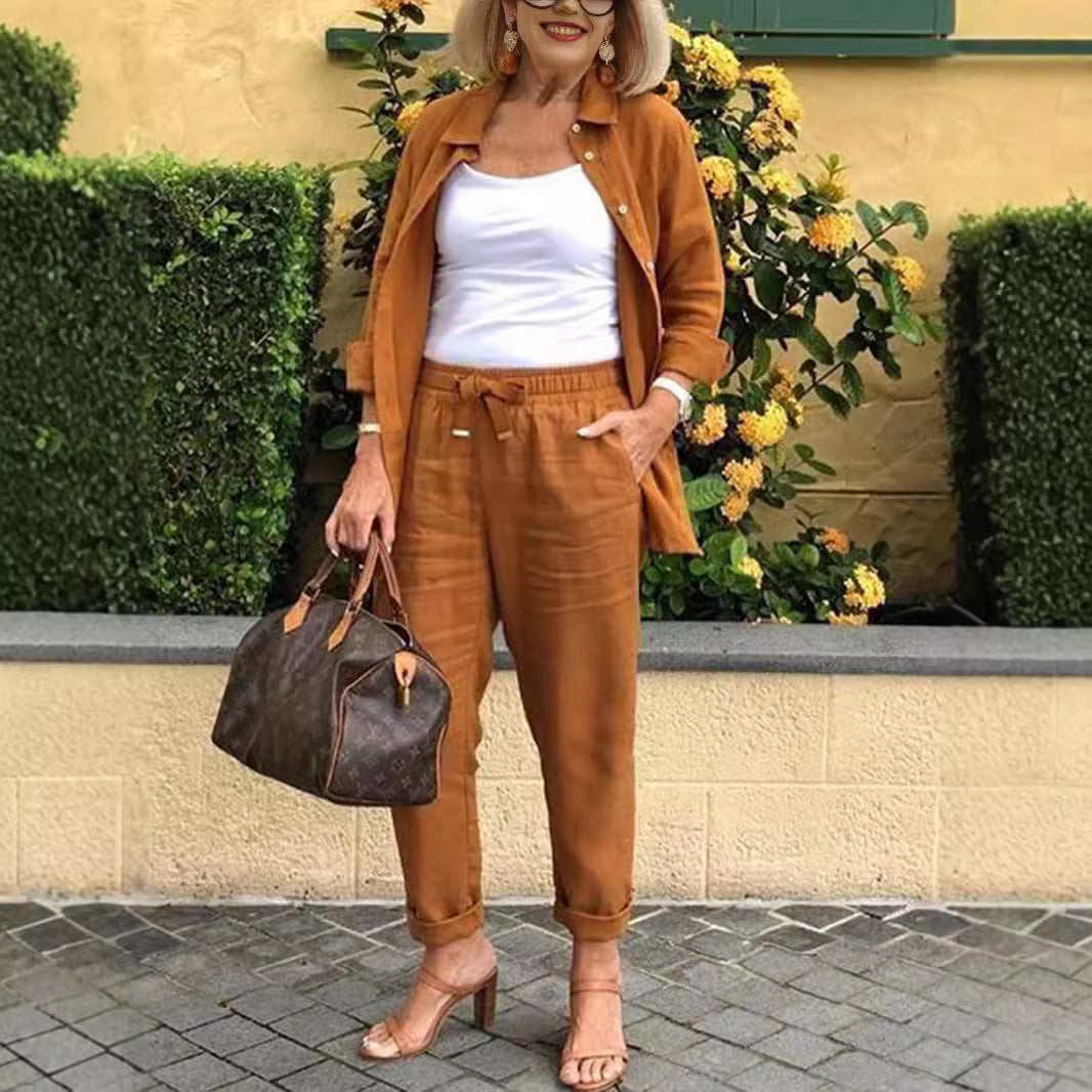 (Any two items 25% off ) Casual cotton-linen jacket and loose-fitting trousers set