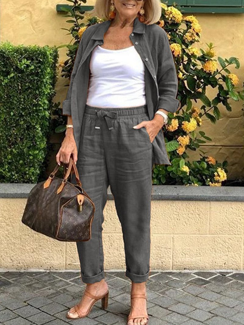 (Any two items 25% off ) Casual cotton-linen jacket and loose-fitting trousers set